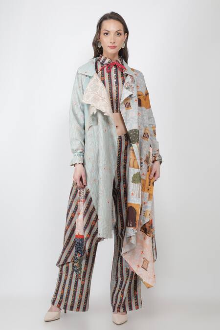 Shop_Jajaabor_White Silk Organza Fort Print Collared Neck Trench Coat_Online_at_Aza_Fashions