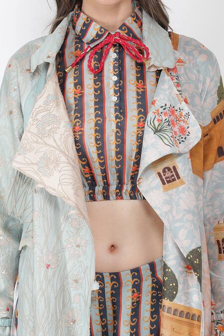 Jajaabor_White Silk Organza Fort Print Collared Neck Trench Coat_at_Aza_Fashions