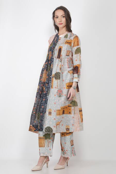 Buy_Jajaabor_Multi Color Silk Chanderi Fort Print Collared Neck Kurta And Pant Set_Online_at_Aza_Fashions