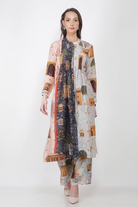 Shop_Jajaabor_Multi Color Silk Chanderi Fort Print Collared Neck Kurta And Pant Set_Online_at_Aza_Fashions