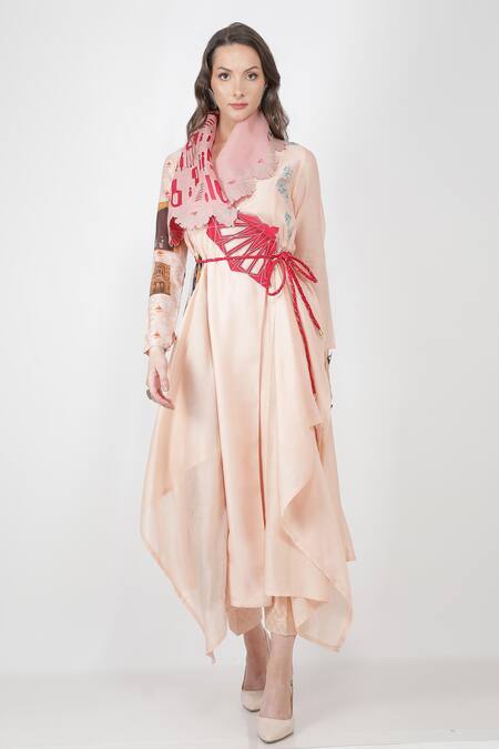 Shop_Jajaabor_Pink Chanderi And Organza Thread & Sequin, Angarkha Kurta & Pant Set_Online_at_Aza_Fashions