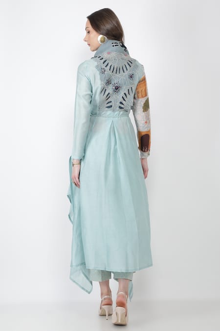 Shop_Jajaabor_Blue Chanderi And Organza Thread & Sequin, Fort Angarkha Kurta Pant Set _at_Aza_Fashions