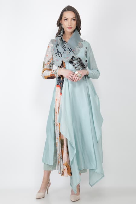 Buy_Jajaabor_Blue Chanderi And Organza Thread & Sequin, Fort Angarkha Kurta Pant Set _Online_at_Aza_Fashions