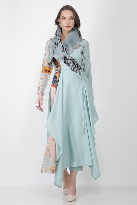 Shop Jajaabor Blue Chanderi And Organza Thread & Sequin, Fort Angarkha Kurta Pant Set Online at Aza Fashions Shop_Jajaabor_Blue Chanderi And Organza Thread & Sequin, Fort Angarkha Kurta Pant Set _Online_at_Aza_Fashions