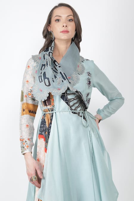 Jajaabor_Blue Chanderi And Organza Thread & Sequin, Fort Angarkha Kurta Pant Set _at_Aza_Fashions