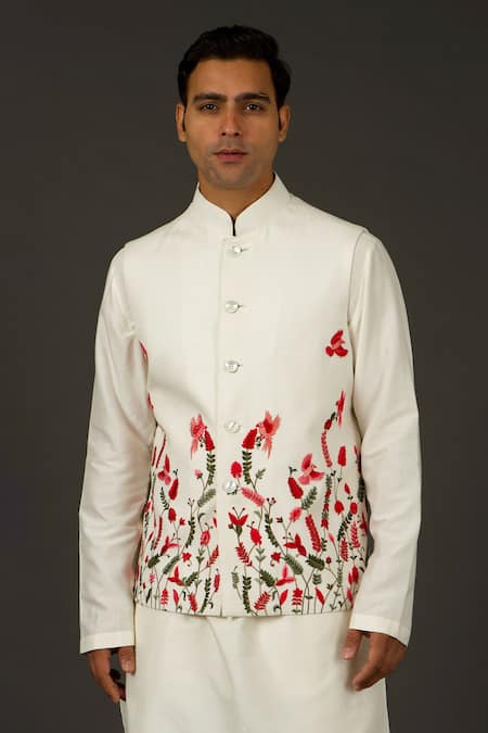 Rohit Bal White Linen Floral Embroidered Bundi Online at Aza Fashions Rohit Bal_White Linen Floral Embroidered Bundi _Online_at_Aza_Fashions