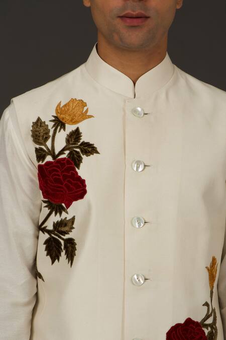 Rohit Bal_White Linen, Lining Silk Floral Embroidered Bundi _Online_at_Aza_Fashions