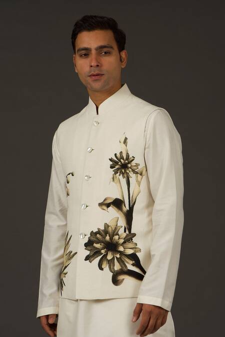 Rohit Bal_White Linen Printed Floral Bundi  _Online_at_Aza_Fashions