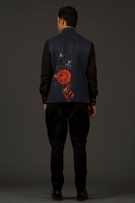Shop_Rohit Bal_Black Linen Printed Floral Bundi  _at_Aza_Fashions