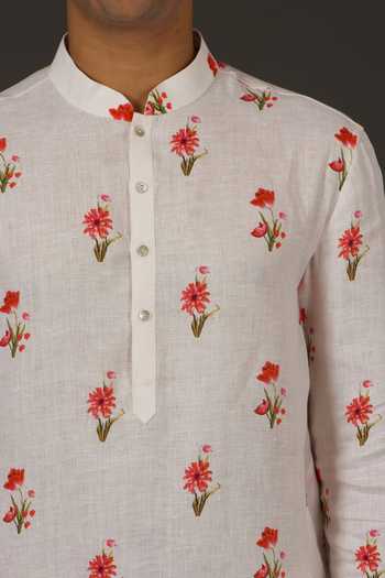Rohit Bal_White Linen Floral Print Kurta Set _Online_at_Aza_Fashions