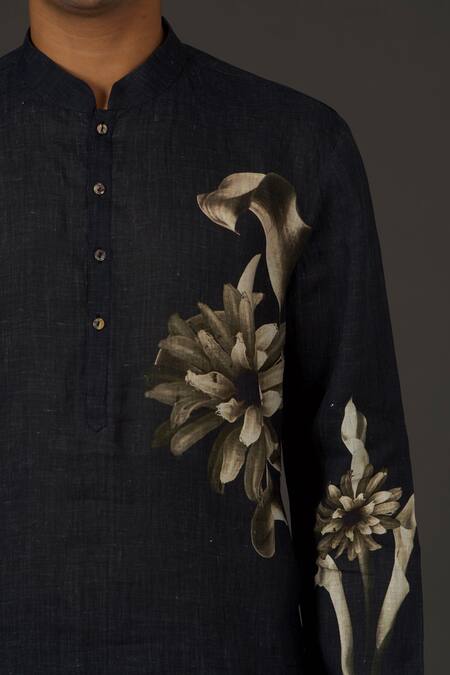 Rohit Bal_Black Linen Floral Print Kurta Set _Online_at_Aza_Fashions