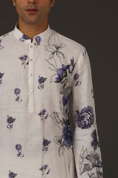 Rohit Bal_White Linen Floral Print Kurta Set _Online_at_Aza_Fashions
