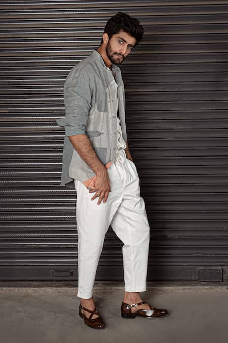 Jatin Malik Grey Cotton Linen Overshirt And Pant Set