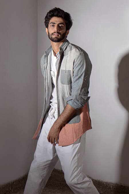 Jatin Malik_Grey Cotton Linen Overshirt And Pant Set _Online_at_Aza_Fashions