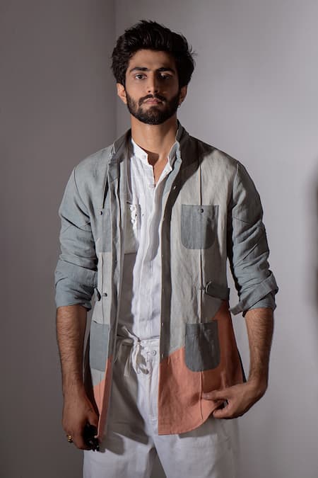 Buy_Jatin Malik_Grey Cotton Linen Overshirt And Pant Set _Online_at_Aza_Fashions