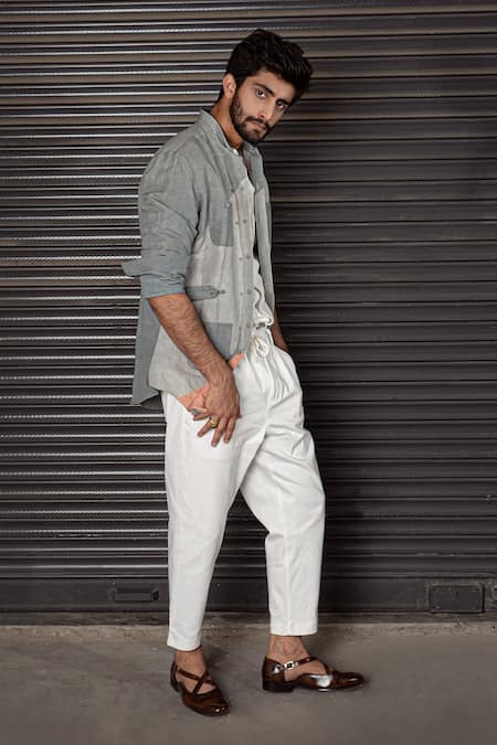 Jatin Malik_Grey Cotton Linen Overshirt _Online_at_Aza_Fashions