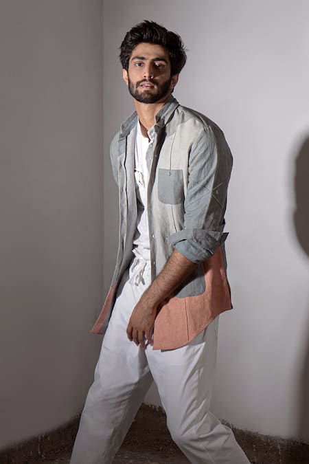 Buy_Jatin Malik_Grey Cotton Linen Overshirt _Online_at_Aza_Fashions