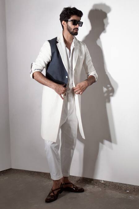 Jatin Malik_Blue Cotton Linen Overcoat _Online_at_Aza_Fashions