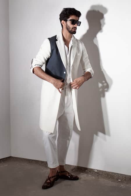 Jatin Malik_White Cotton Linen Overcoat And Pant Set _Online_at_Aza_Fashions
