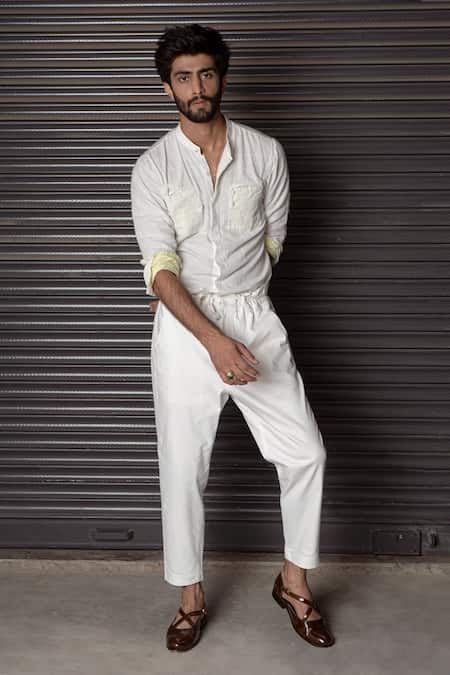 Buy_Jatin Malik_White Cotton Linen Overcoat And Pant Set _Online_at_Aza_Fashions