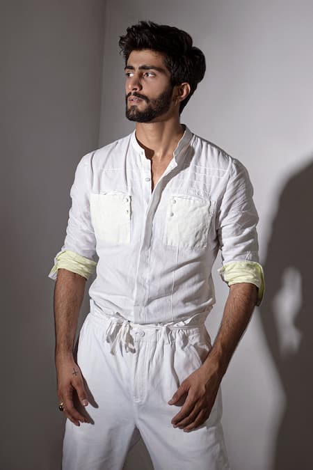 Shop_Jatin Malik_White Cotton Linen Overcoat And Pant Set _Online_at_Aza_Fashions