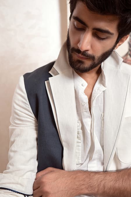 Jatin Malik_White Cotton Linen Overcoat And Pant Set _at_Aza_Fashions