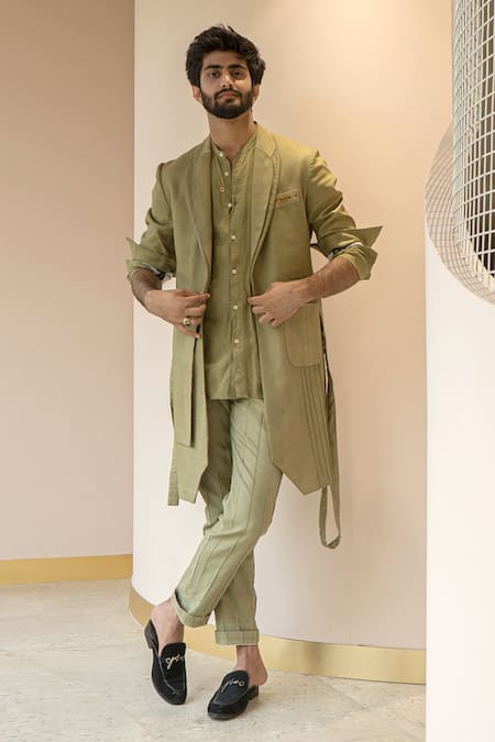 Jatin Malik Green Cotton Linen Plain Jacket And Pant Set 