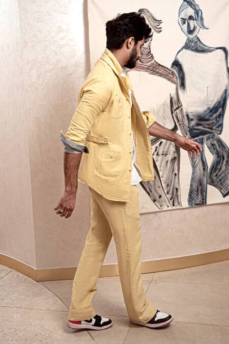 Jatin Malik_Yellow Cotton Linen Overshirt And Pant Set _Online_at_Aza_Fashions