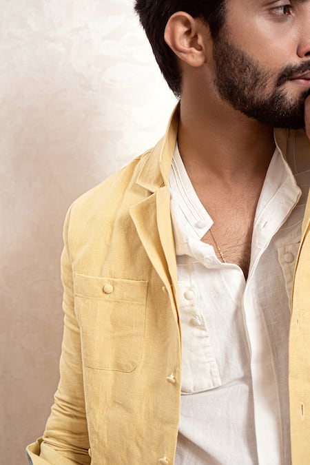 Jatin Malik_Yellow Cotton Linen Overshirt And Pant Set _at_Aza_Fashions