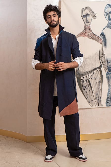 Jatin Malik Blue Cotton Linen Plain Colorblock Overcoat And Pant Set 