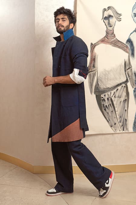 Jatin Malik_Blue Cotton Linen Colorblock Overcoat And Pant Set _Online_at_Aza_Fashions