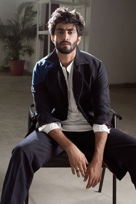 Buy_Jatin Malik_Blue Cotton Linen Colorblock Overcoat And Pant Set _Online_at_Aza_Fashions