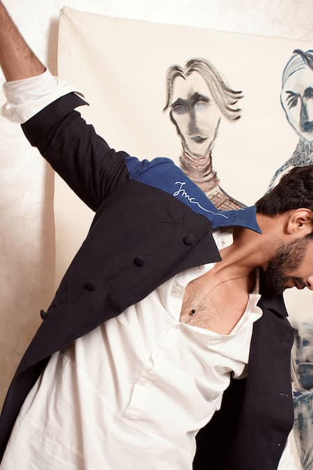 Shop_Jatin Malik_Blue Cotton Linen Colorblock Overcoat And Pant Set _Online_at_Aza_Fashions