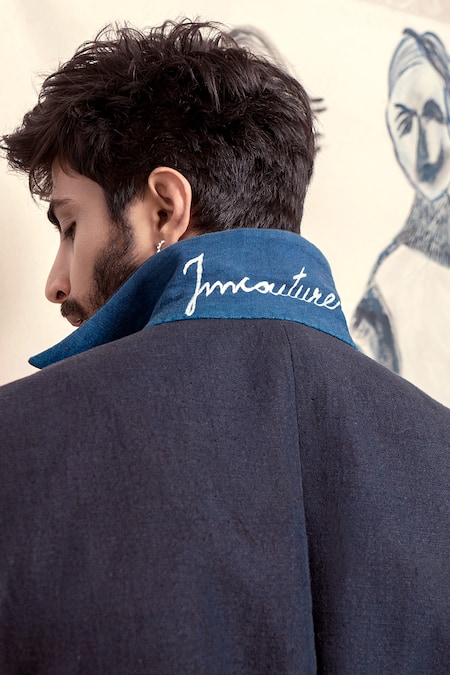 Jatin Malik_Blue Cotton Linen Colorblock Overcoat And Pant Set _at_Aza_Fashions