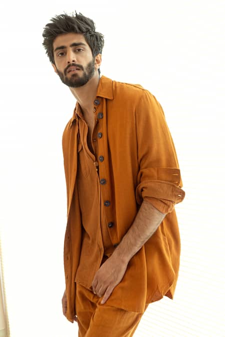 Buy_Jatin Malik_Yellow Moss Button Down Jacket And Pant Set _Online_at_Aza_Fashions