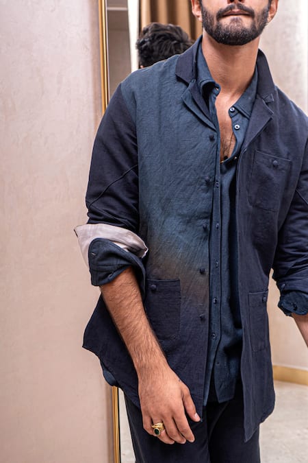 Buy_Jatin Malik_Blue Cotton Linen Overshirt And Pant Set _Online_at_Aza_Fashions