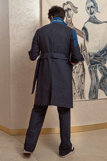 Shop_Jatin Malik_Blue Cotton Linen Overcoat _at_Aza_Fashions