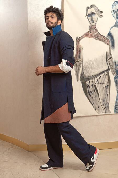 Jatin Malik_Blue Cotton Linen Overcoat _Online_at_Aza_Fashions