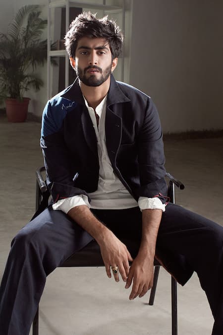 Buy_Jatin Malik_Blue Cotton Linen Overcoat _Online_at_Aza_Fashions