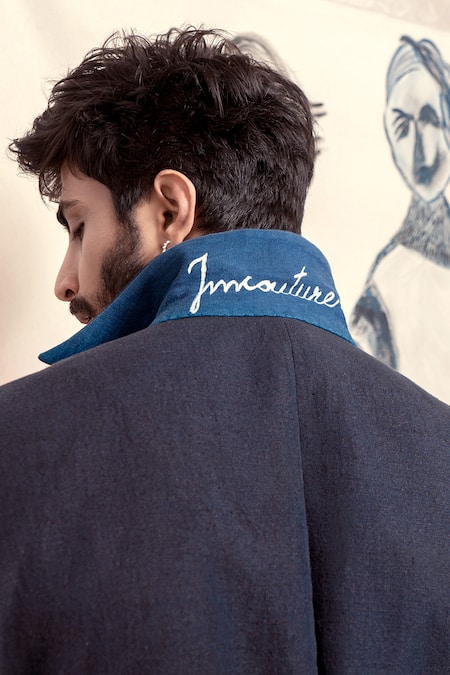 Jatin Malik_Blue Cotton Linen Overcoat _at_Aza_Fashions