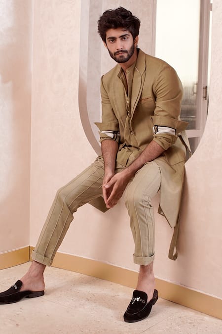 Jatin Malik_Green Cotton Linen Overcoat _Online_at_Aza_Fashions