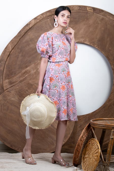 Kalakaari By Sagarika_Pink Cotton Floral Hand Blocks Straight Print Top And Skirt Set_Online_at_Aza_Fashions
