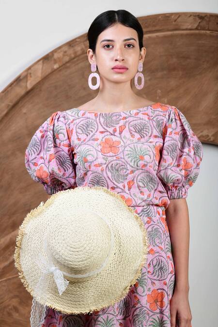 Buy_Kalakaari By Sagarika_Pink Cotton Floral Hand Blocks Straight Print Top And Skirt Set_Online_at_Aza_Fashions