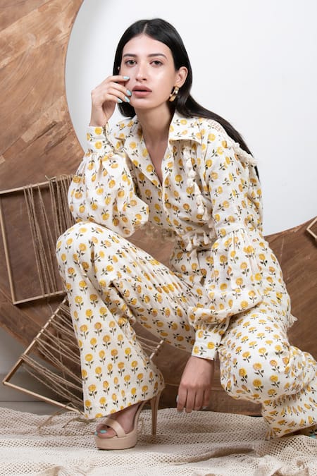 Buy_Kalakaari By Sagarika_Yellow Cotton Floral Hand Blocks Collared Neck Print Shirt And Pant Set _Online_at_Aza_Fashions