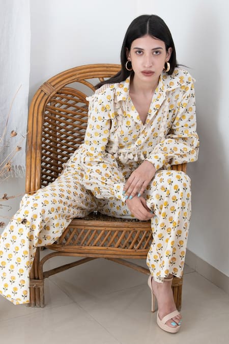 Shop_Kalakaari By Sagarika_Yellow Cotton Floral Hand Blocks Collared Neck Print Shirt And Pant Set _Online_at_Aza_Fashions