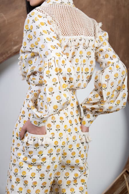 Kalakaari By Sagarika_Yellow Cotton Floral Hand Blocks Collared Neck Print Shirt And Pant Set _at_Aza_Fashions