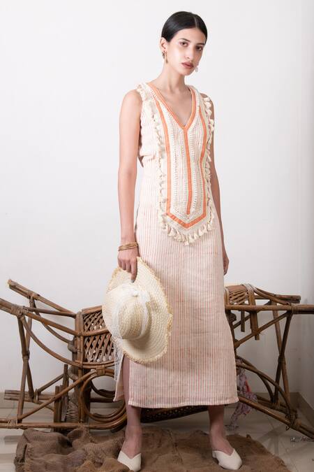 Kalakaari By Sagarika_White Cotton Stripes V Neck Print Dress _Online_at_Aza_Fashions