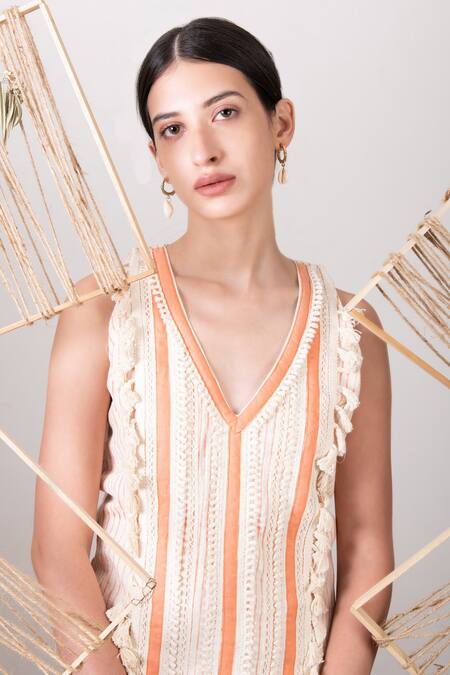 Shop_Kalakaari By Sagarika_White Cotton Stripes V Neck Print Dress _Online_at_Aza_Fashions
