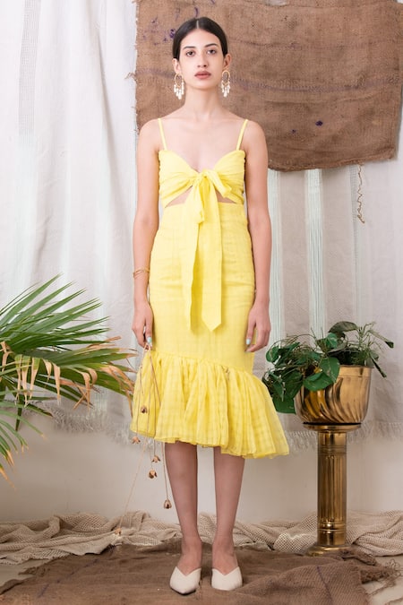 Buy_Kalakaari By Sagarika_Yellow Cotton Scoop Neck Blouse And Mermaid Skirt_Online_at_Aza_Fashions