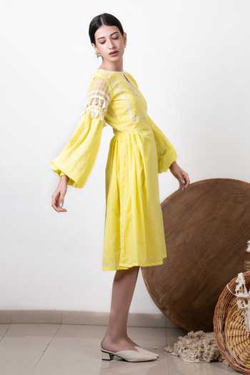 Kalakaari By Sagarika_Yellow Cotton Round Puff Sleeve Dress _Online_at_Aza_Fashions